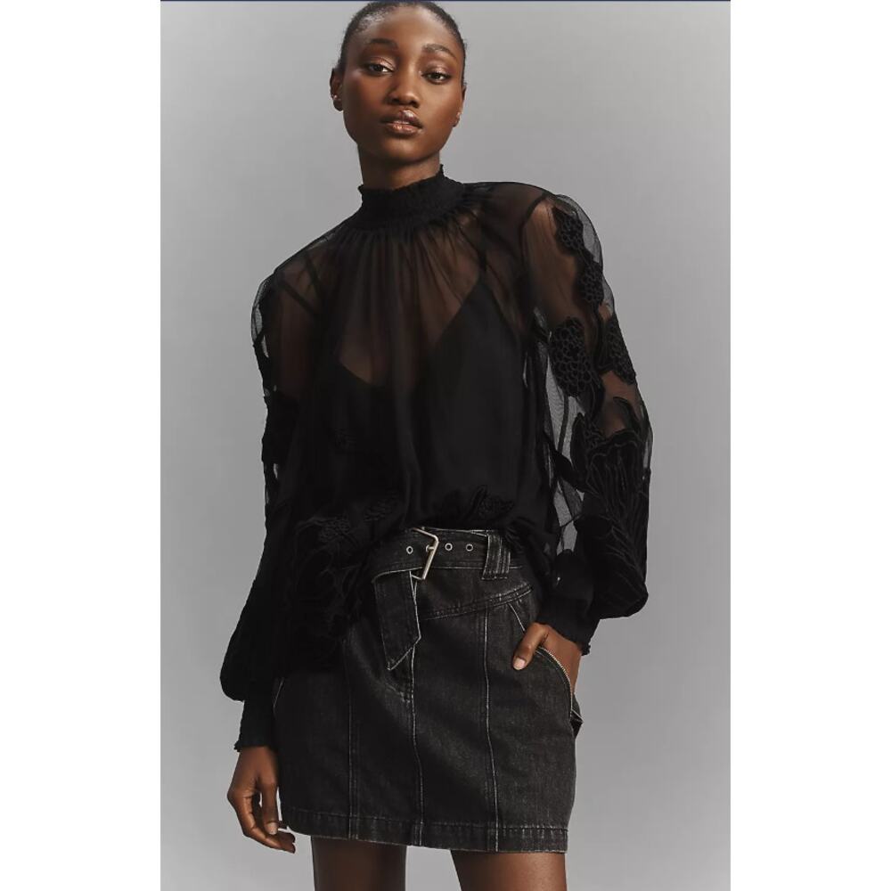 NWT Anthropologie Black Velvet Appliqué Blouse - Size XS
